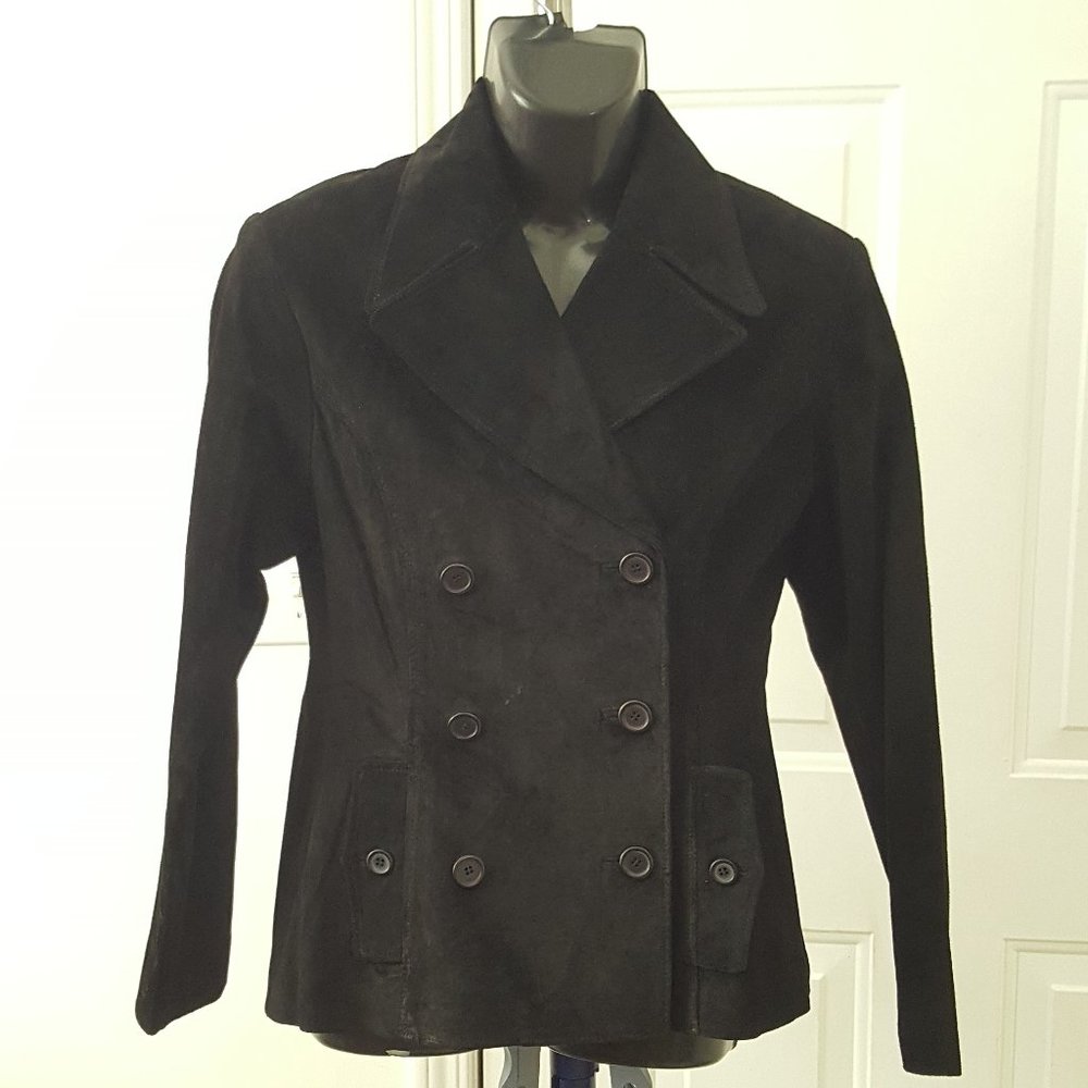 New Finity Vintage Boho Double Breasted Suede Leather Peacoat Jacket Sz 8 Black